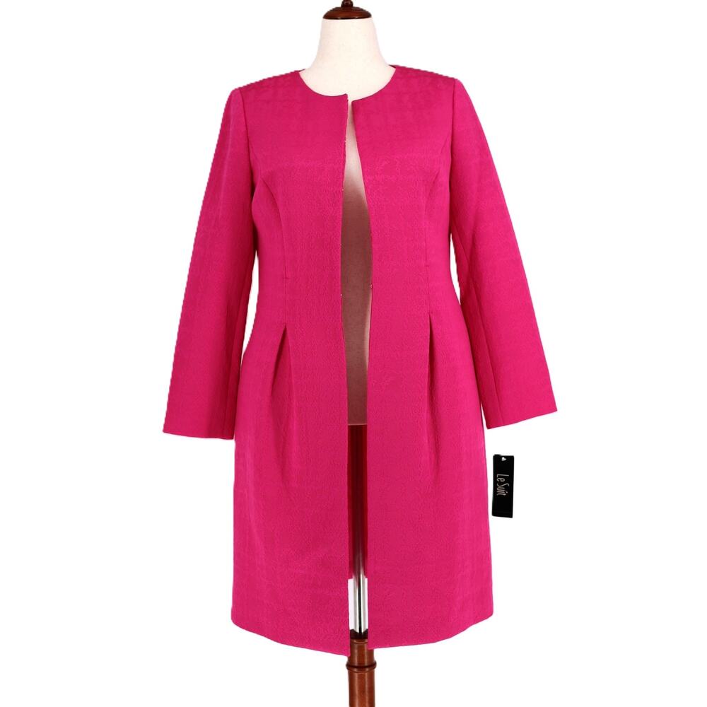 Le Suit Women Lipstick Pink Jacquard Jewel-Neck Knee Length Suit Topper Size 10 - Picture 4 of 11